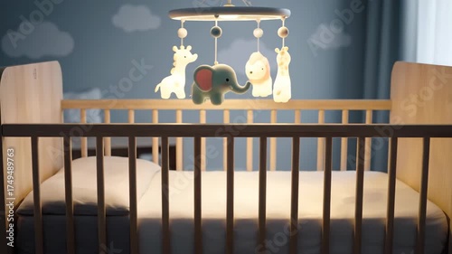 Glowing Safari Animal Mobile Gently Twirls Above a Serene Baby Crib at Night