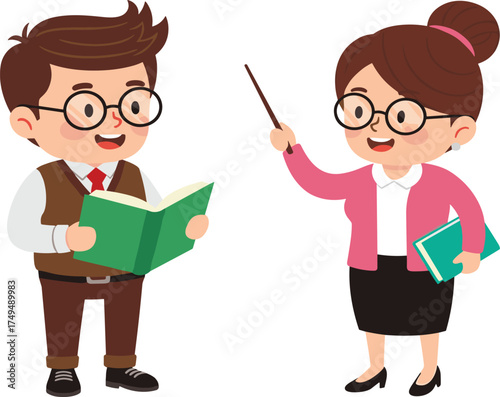 Cartoon teacher and student characters in classroom, education learning concept, academic knowledge sharing illustration, professional teaching presentation with books