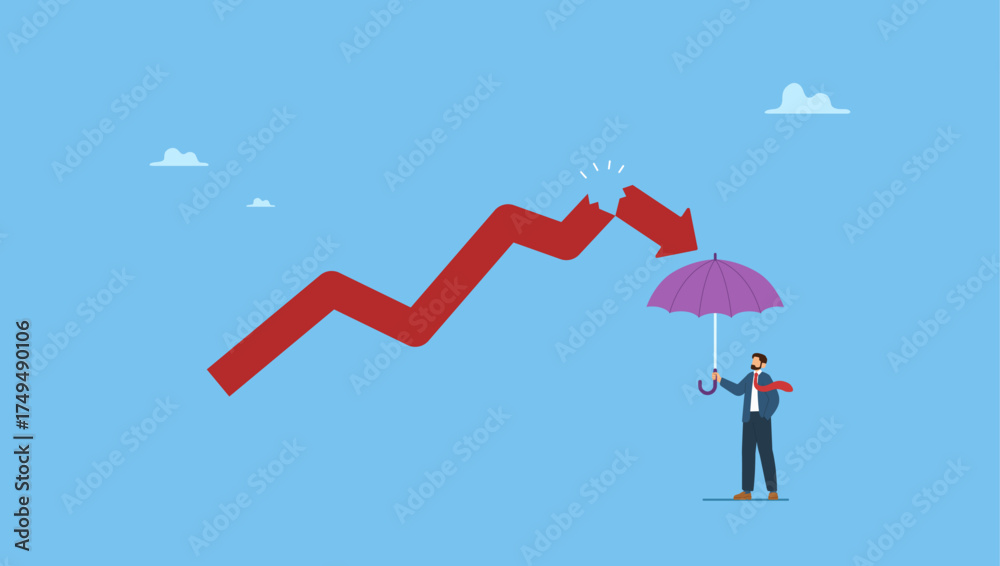 Fototapeta premium Businessman investor holding strong umbrella ready for downturn arrow graph. Protect from stock market crash, insurance to protect from risk or uncertainty, investment margin of safety.