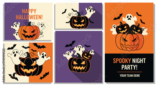Halloween Pumpkin Party Spooky Night Invitation Cards Template Set