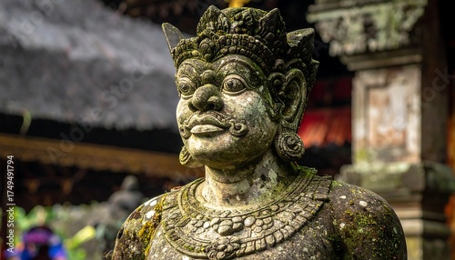 Ancient stone figure with crown in a temple courtyard
