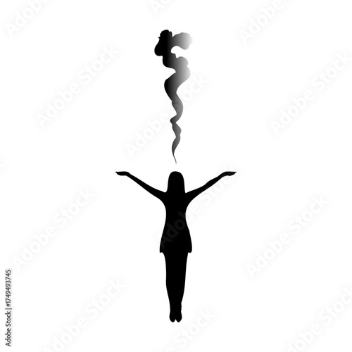Silhouette of woman fading into smoke — conceptual freedom, transformation and mindfulness vector illustration
