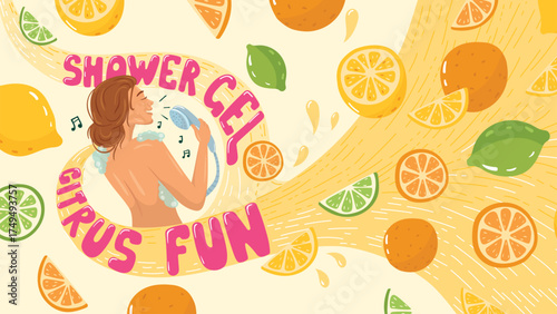 A girl sings in the shower, splashed with juice. The inscription Citrus fun. Shower gel packaging.