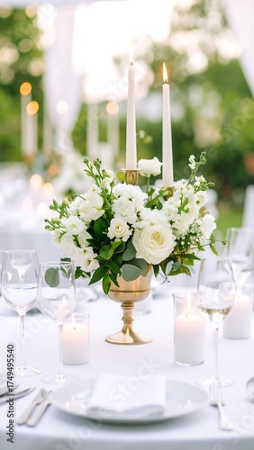 A meticulously arranged table setting at an elegant outdoor celebration, featuring floral centerpieces and candlelight