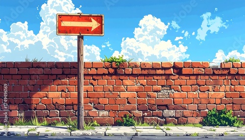 Animated scene with a brick wall and directional sign