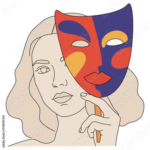 Woman holding a colorful abstract mask portraying hidden emotions and personality. Self-discovery, identity, and mental health concept for web design.