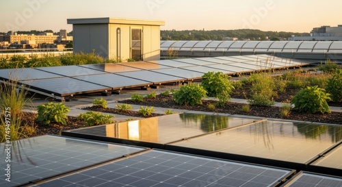 Rooftop Solar Panels with Greenery, Golden Hour, Sustainable Energy, Urban Landscape.
