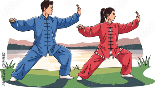 Man and woman practicing tai chi, martial arts training outdoors, traditional Chinese exercise, meditation, balance, fitness, health, relaxation, discipline, nature