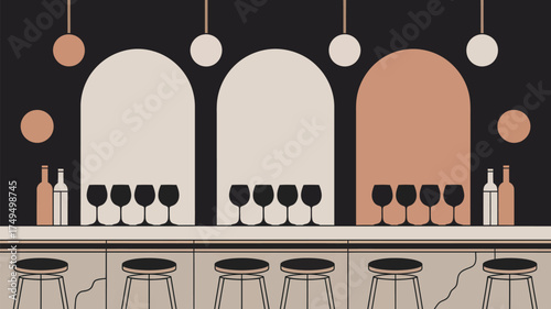 Illustration of a bar scene with wine glasses bottles and stools in a minimalist style design setting