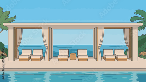 A poolside cabana with lounge chairs overlooking the ocean on a clear day in a cartoon style image