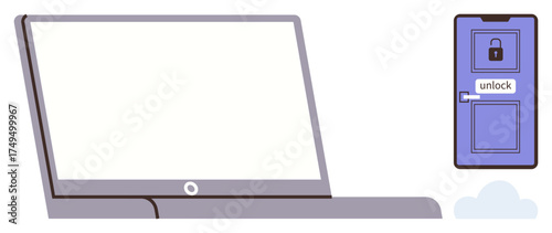 Open laptop next to a locked door with an unlock sign, emphasizing safety, privacy, and access control. Ideal for cyber safety, data protection, digital privacy, online access, secure login