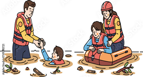 Rescue team saving people from flood disaster, emergency response, survival operation, life jacket safety, disaster management, water rescue illustration, teamwork support