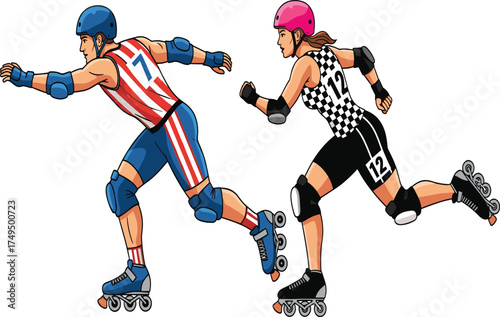 Roller skating race, athletic competition, male and female skaters, inline skating action, speed sports event, dynamic outdoor performance