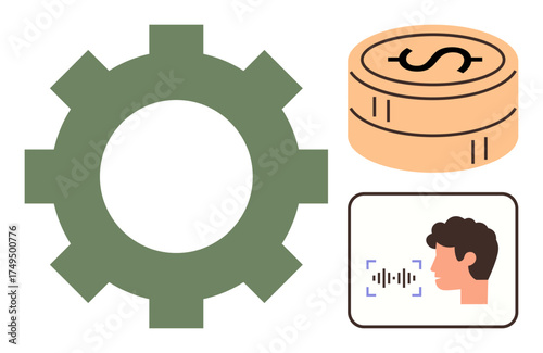 Green gear, dollar coins stack, and voice recognition profile. Ideal for automation, economy, AI, innovation, digital tools communication productivity. Represents simple flat metaphor