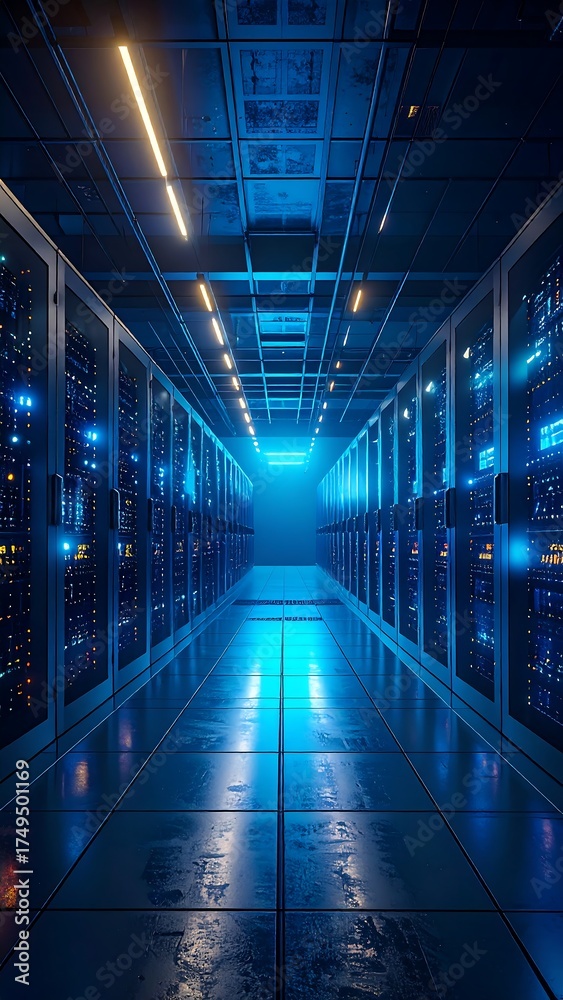 Fototapeta premium A long, symmetrical perspective reveals a data center hall with rows of server racks illuminated by blue and gold lights. A tiled floor extends