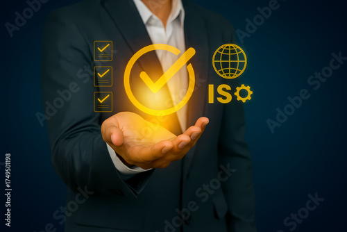 Man presenting ISO certification with check mark and globe quality assurance and compliance concept