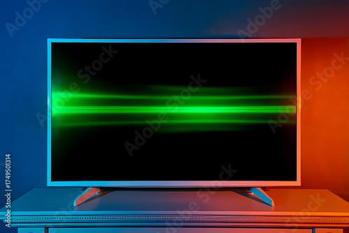 Modern television displaying abstract green light technology entertainment and design concept
