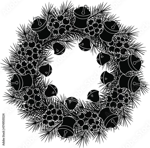 A monochrome christmas wreath, , crafted from pine branches, berries, and jingle bells, evokes a festive spirit with its intricate design and classic charm