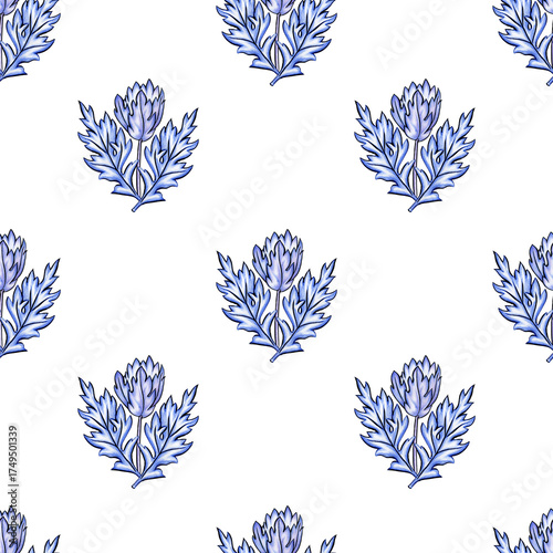 A classic seamless pattern featuring a hand-drawn floral motif in shades of blue on a white background. Background great for textiles, wallpaper, or stationery.