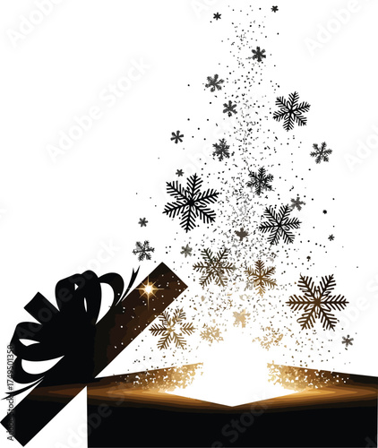 A black gift box opens to reveal a burst of sparkling snowflakes, creating a magical and festive atmosphere perfect for holiday promotions