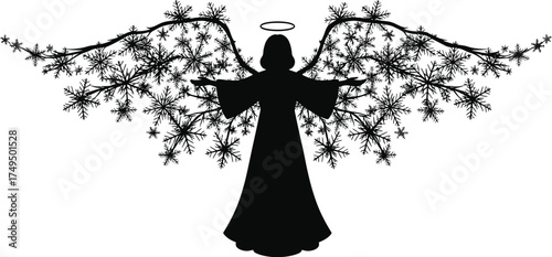 Silhouette of an angel with snowflake wings a serene and ethereal image, perfect for winter holiday designs, christmas cards, or spiritual themes, conveying peace and beauty