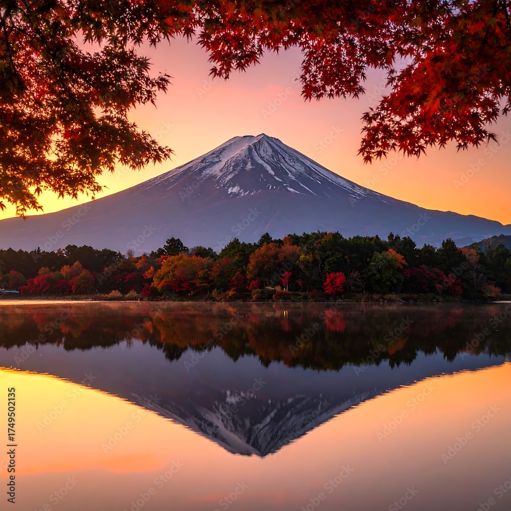 Fototapeta premium A majestic snow-capped mountain stands tall over a tranquil lake, reflecting an autumn landscape. A vibrant sunrise paints the sky and the water