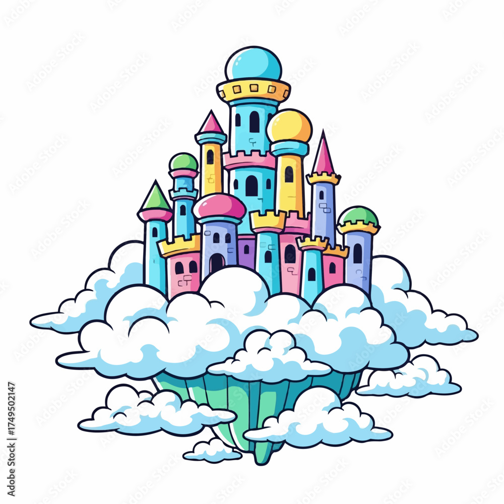 Fototapeta premium Whimsical Floating Cloud Castle Illustration with Vibrant Fantasy Architecture and Serene Sky Background, Capturing a Dreamlike Mystical Utopia Scene