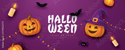 Halloween trick or treat greeting card with pumpkins, bats, lantern, decoration elements in purple background.