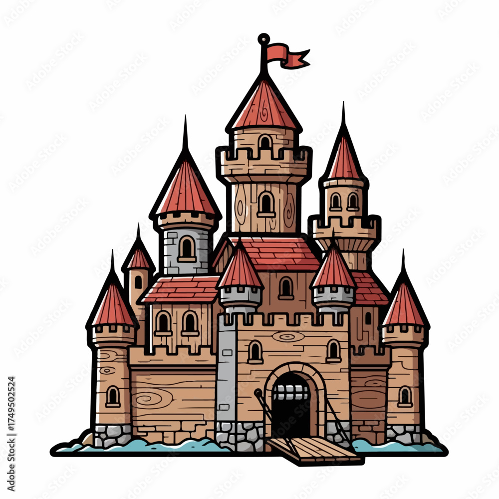 Fototapeta premium Cartoon Castle with Drawbridge and Wooden Texture