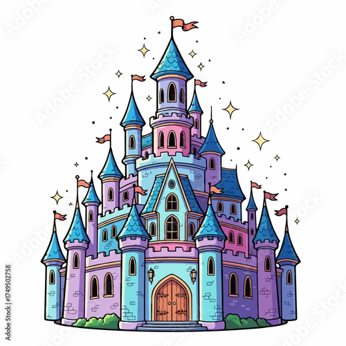 Colorful Fairytale Castle with Sparkling Stars and Flags A Whimsical Illustration
