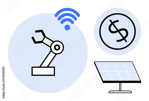 Robotic arm with wireless signal, dollar symbol, and solar panel representing technology, innovation, sustainability, and financial efficiency. Ideal for industry, finance, energy automation IoT