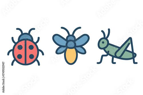 Stylized colorful set of three insect characters including a ladybug, a firefly, and a grasshopper