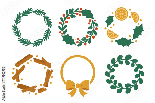 Six decorative Christmas and winter holiday circular frames featuring holly, berries, pine branches, and cinnamon sticks