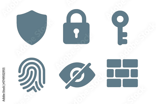 Security and privacy symbols including shield, lock, key, fingerprint, hidden eye, and firewall