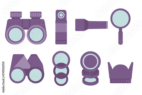 Set of optical viewing and photography equipment including binoculars and magnifying glass