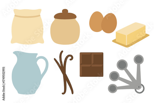 Assortment of essential baking ingredients and cooking tools such as flour, sugar, eggs, butter, and measuring spoons