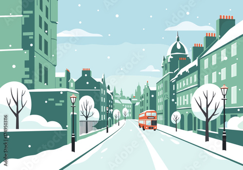 Snowy Edinburgh street in winter with a red bus and city buildings