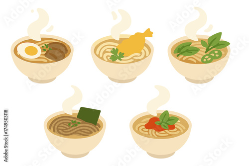 Set of five steaming bowls with different ramen or noodle soup toppings