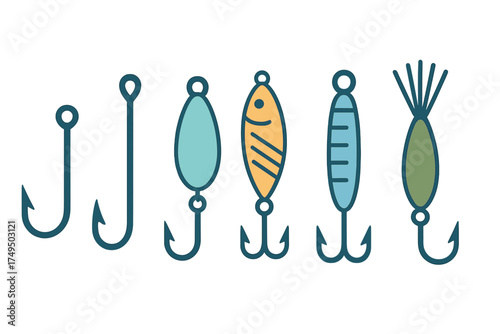 Set of fishing lures and hooks icons in modern flat style