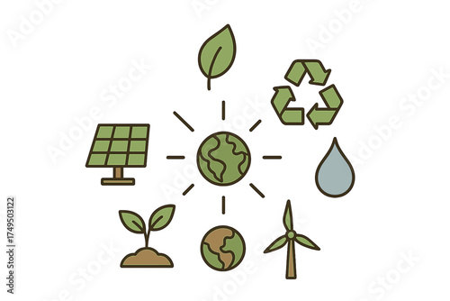 Set of clean energy and environmental icons orbiting planet Earth concept