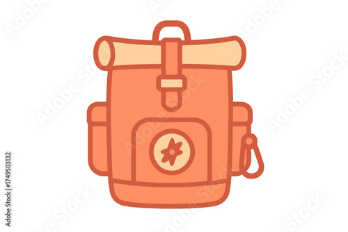 Orange hiking backpack with compass emblem and carabiner clip