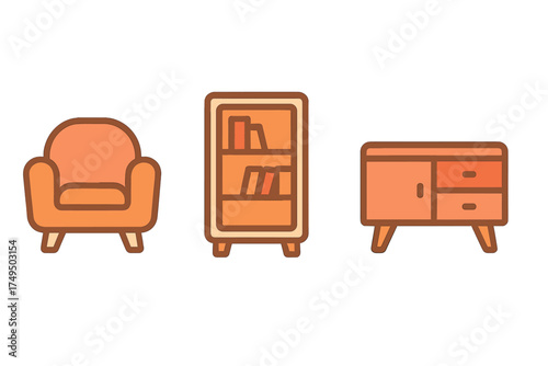 Set of mid-century modern furniture icons including armchair, bookcase, and cabinet