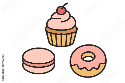 Assortment of pink frosted sweet pastries including cupcake, donut, and macaron