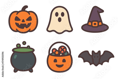 Collection of cute cartoon Halloween symbols like pumpkin ghost hat cauldron and flying bat