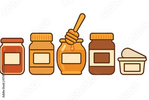 Assortment of sweet spread jars with honey and jam icons