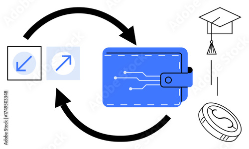 Digital wallet with circuit lines, exchange icons, coin, and graduation cap. Ideal for finance, technology, payments, education investments cryptocurrency savings. Simple flat metaphor