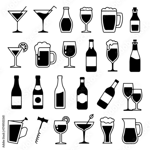 Beverage Icons - Cocktail, Beer, Wine, and Drinkware Silhouettes