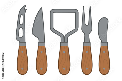 Five assorted cheese knives and serving utensils with wooden handles