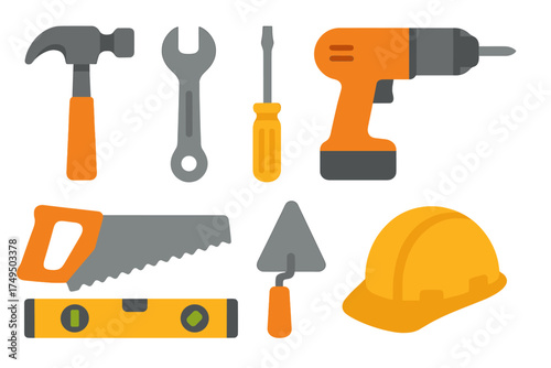 Assortment of construction and repair hand tools and safety gear