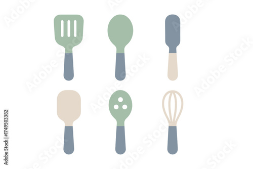 Modern pastel kitchen utensils including spatula and whisk set